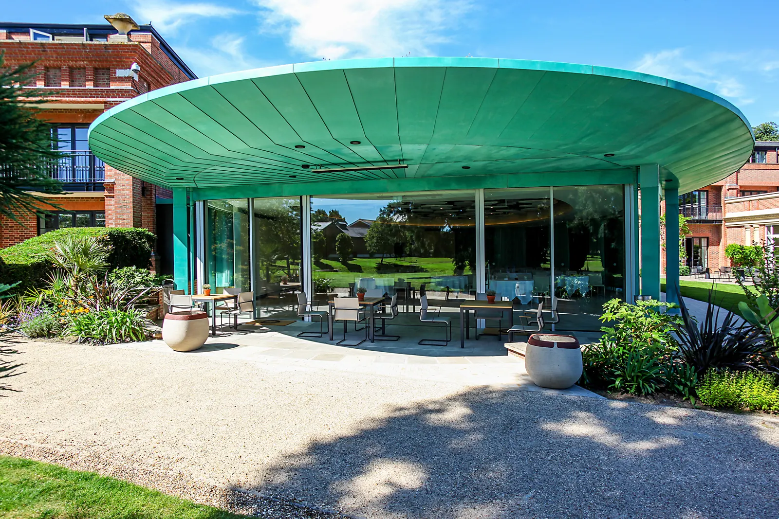 The Grove Hotel Cedar Suite — green sedum living roof viewed from hotel gardens