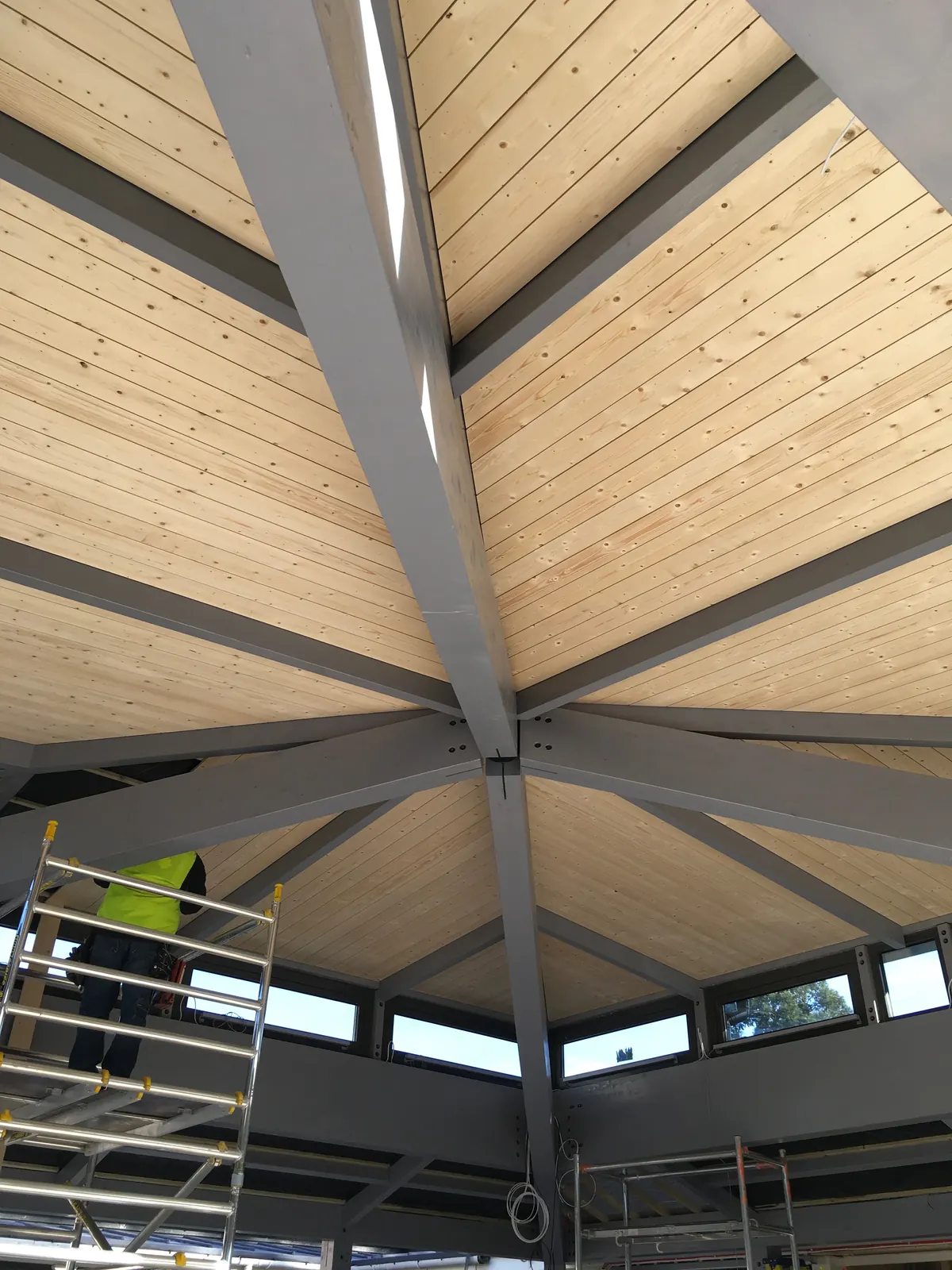 The Grove Hotel Players' Lounge & Golf Clubhouse — radiating timber roof structure under construction