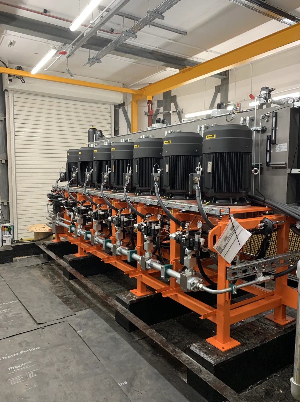 Completed bank of hydraulic power units, motors and pipework fully commissioned